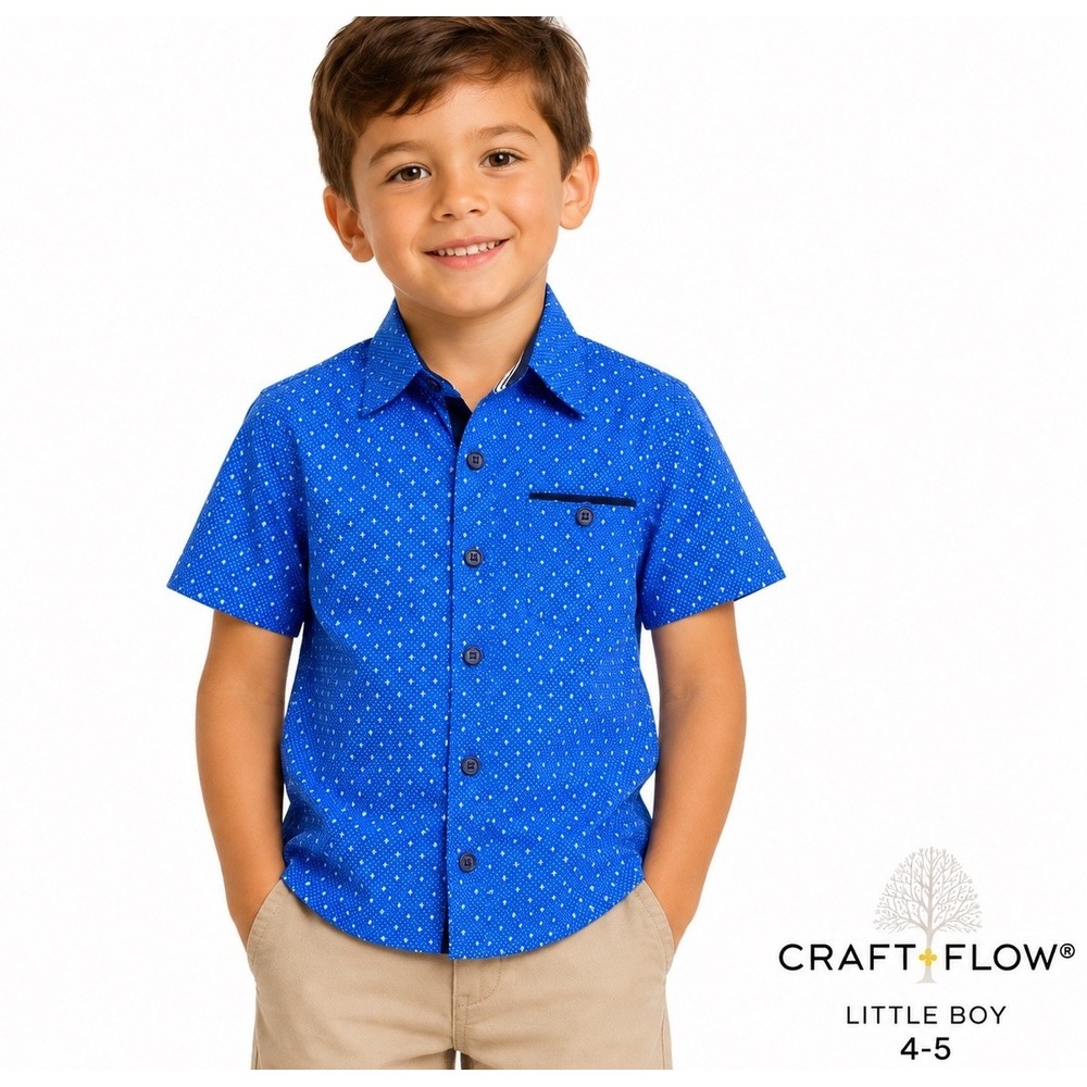 Craft + Flow Boys 4-5 Blue Micro Print Short Sleeve Button Up Shirt Pocket